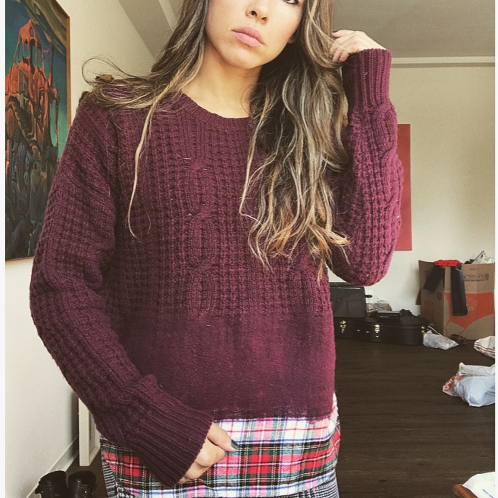 Madewell sweater cable plaid chunky wine Alexa Chu